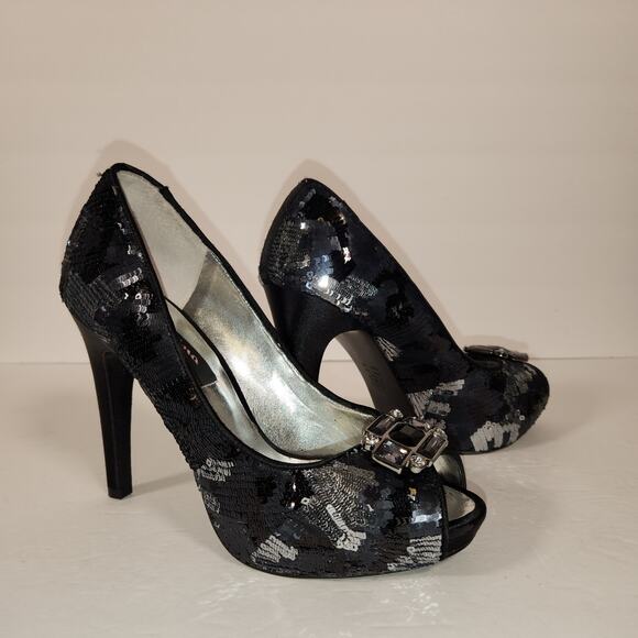 Nina Shoes - NINA NEW YORK Evan Heel Womens 8M Black Silver Sequins Satin Platform Peep Toe